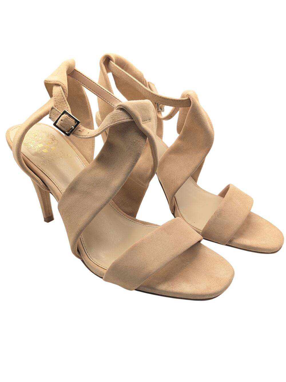 Vince Camuto Kalinte Biscuit Beige Suede Open Toe Ankle Strap Heels Size 8.5